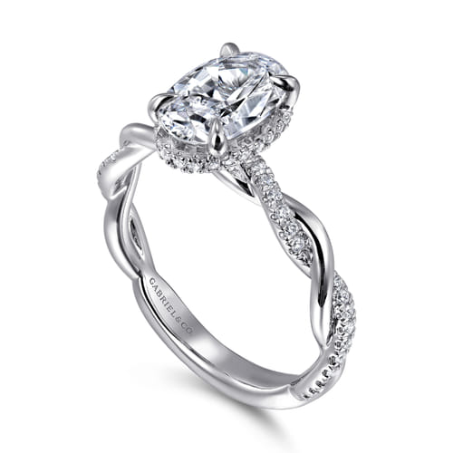 14K White Gold Twisted Oval Halo Diamond Engagement Ring
