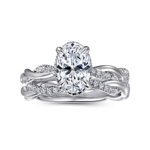 14K White Gold Twisted Oval Halo Diamond Engagement Ring
