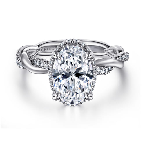 14K White Gold Twisted Oval Halo Diamond Engagement Ring