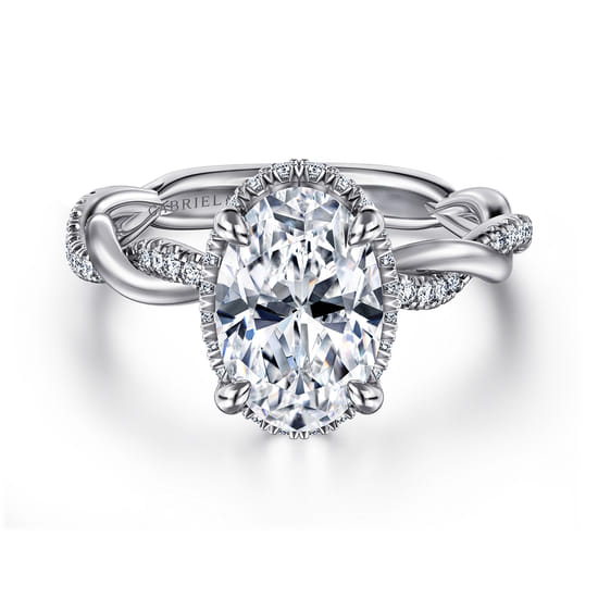 14K White Gold Twisted Oval Halo Diamond Engagement Ring