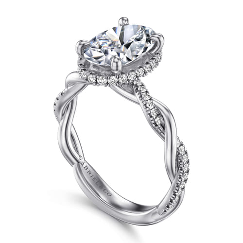 14K White Gold Twisted Oval Halo Diamond Engagement Ring