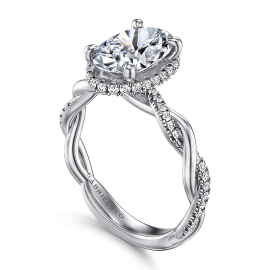14K White Gold Twisted Oval Halo Diamond Engagement Ring angle 3
