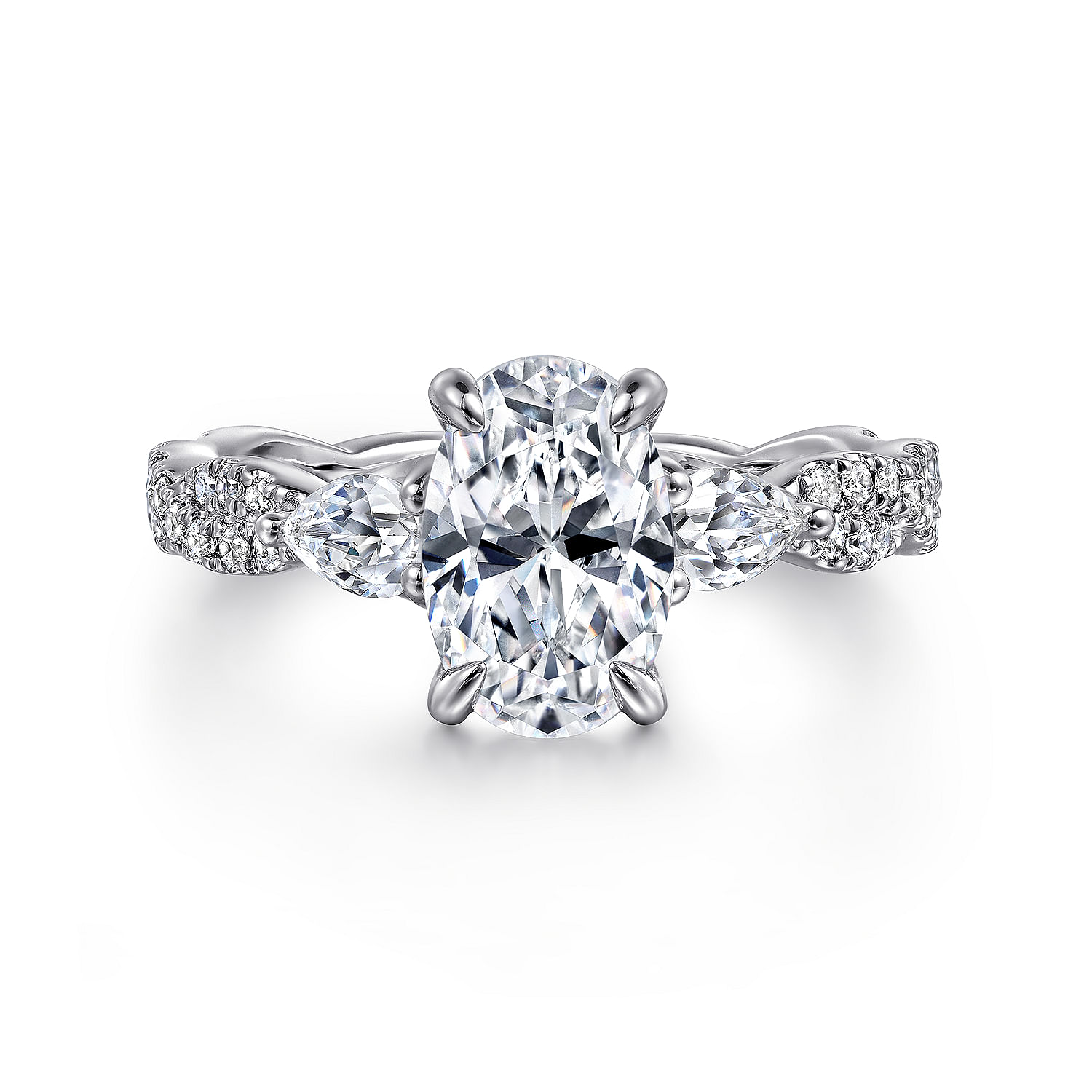 14K White Gold Twisted Oval Three Stone Diamond Engagement Ring