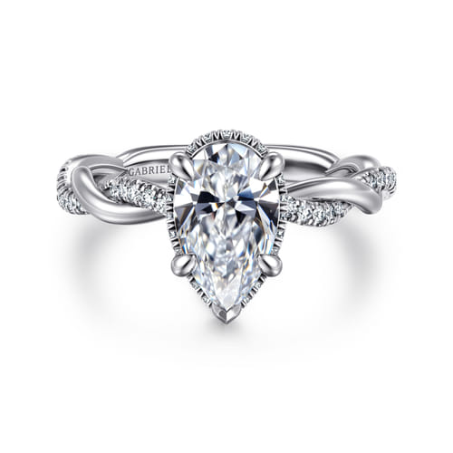 14K White Gold Twisted Pear Shape Halo Diamond Engagement Ring