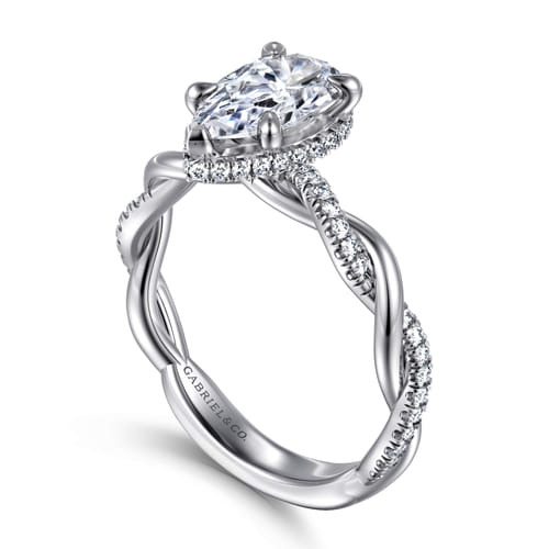 14K White Gold Twisted Pear Shape Halo Diamond Engagement Ring