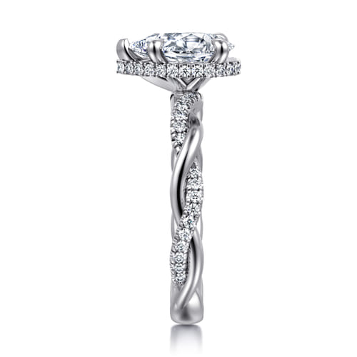 14K White Gold Twisted Pear Shape Halo Diamond Engagement Ring
