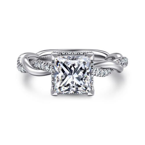 14K White Gold Twisted Princess Halo Diamond Engagement Ring
