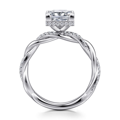 14K White Gold Twisted Princess Halo Diamond Engagement Ring