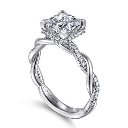 14K White Gold Twisted Princess Halo Diamond Engagement Ring