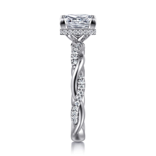 14K White Gold Twisted Princess Halo Diamond Engagement Ring