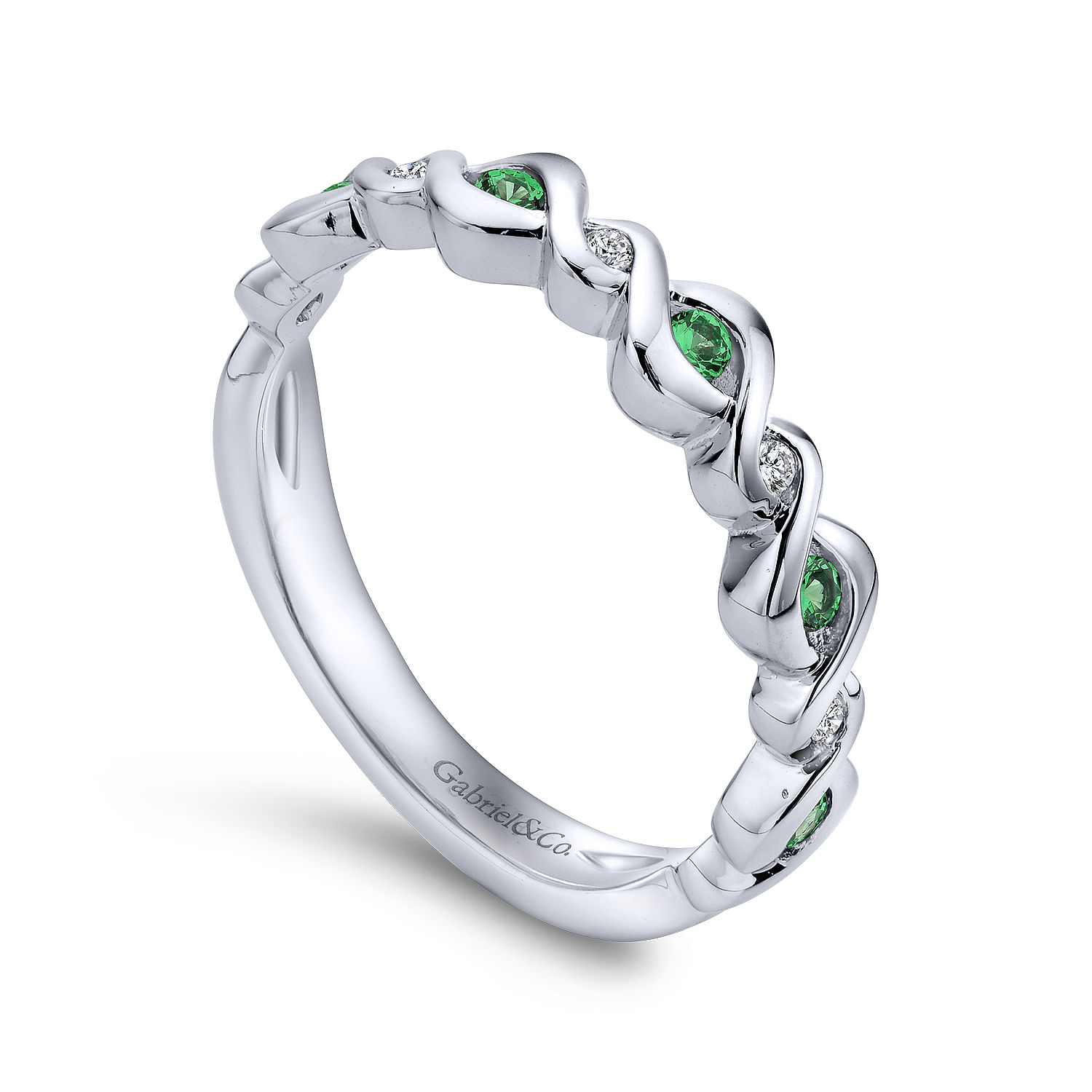 14K White Gold Twisted Ring with Emerald and Diamond Stones