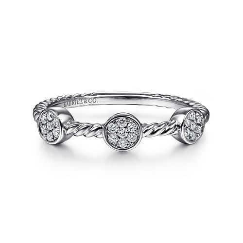 14K White Gold Twisted Rope Cluster Diamond Station Stackable Ring