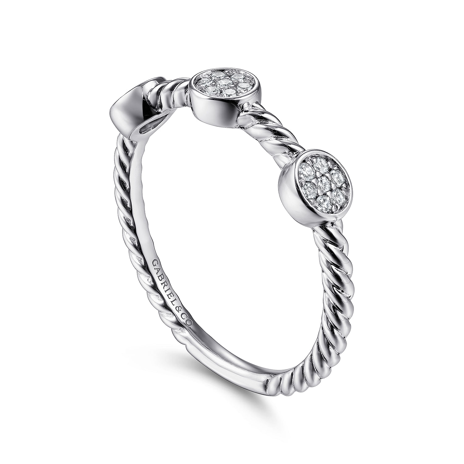 14K White Gold Twisted Rope Cluster Diamond Station Stackable Ring