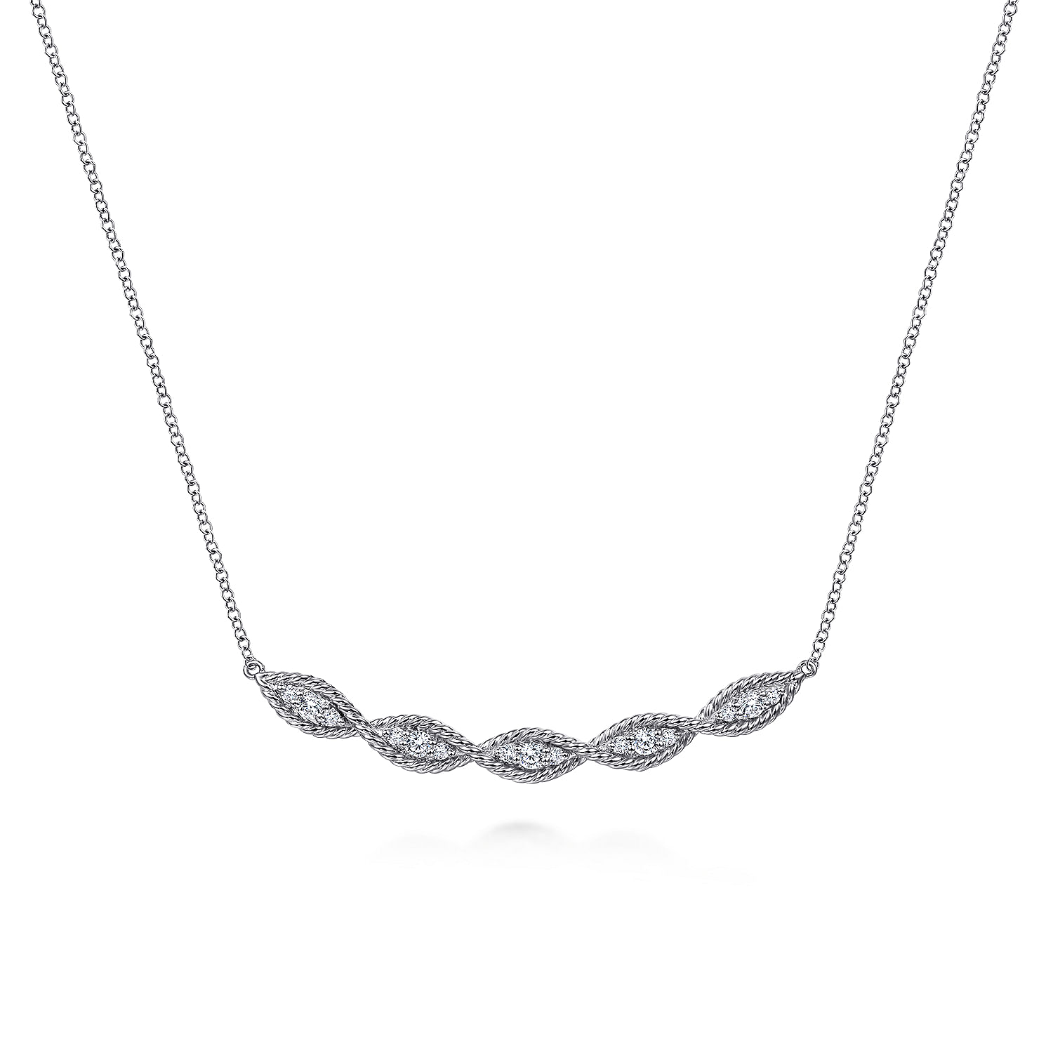 14K White Gold Twisted Rope Curved Diamond Bar Necklace