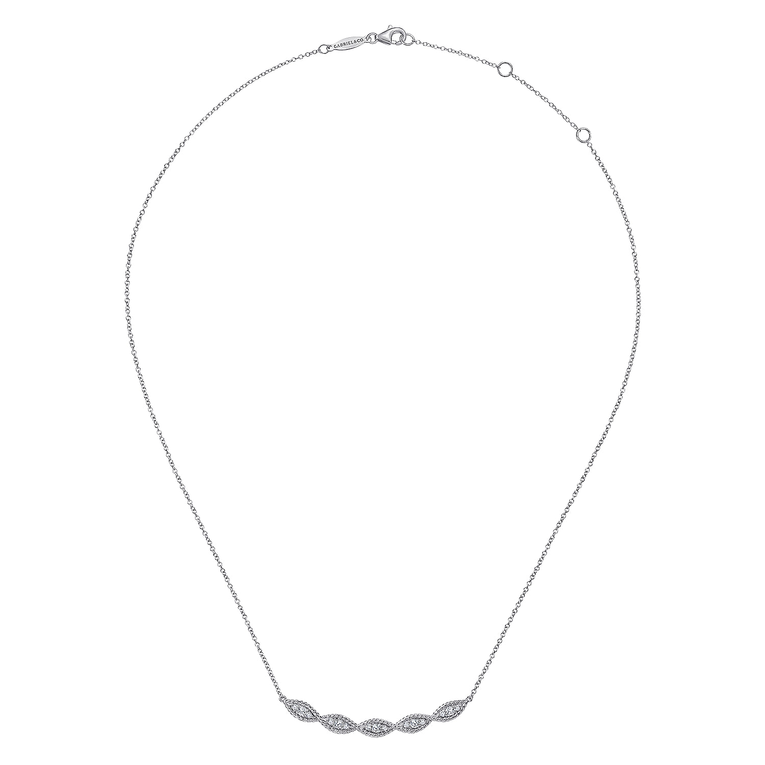14K White Gold Twisted Rope Curved Diamond Bar Necklace