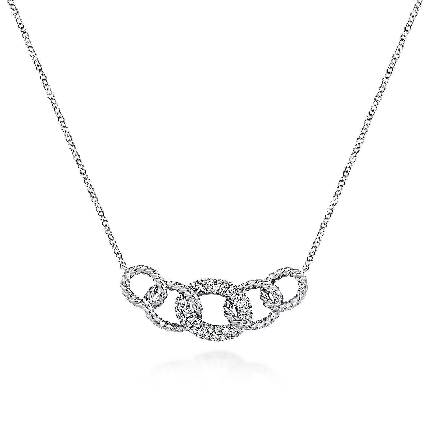 14K White Gold Twisted Rope Link Necklace with Pavé Diamond Link Station