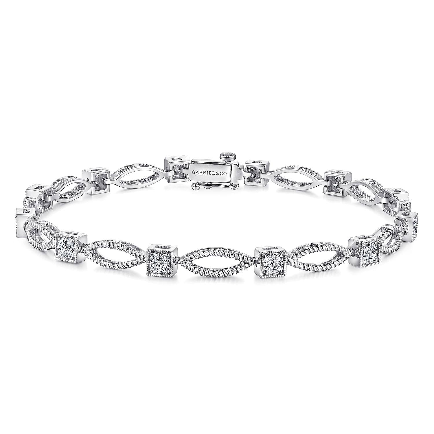 Gabriel - 14K White Gold Twisted Rope Link Tennis Bracelet with Pavé Diamond Cube Spacers