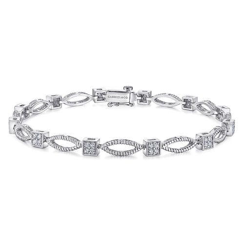 14K White Gold Twisted Rope Link Tennis Bracelet with Pavé Diamond Cube Spacers