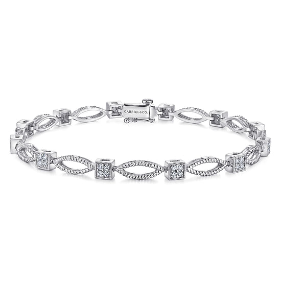 Gabriel - 14K White Gold Twisted Rope Link Tennis Bracelet with Pavé Diamond Cube Spacers