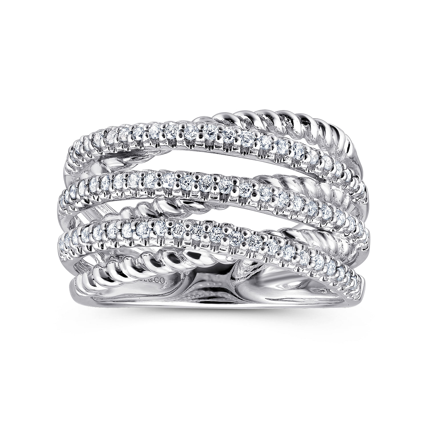 14K White Gold Twisted Rope and Diamond Criss Cross Ring