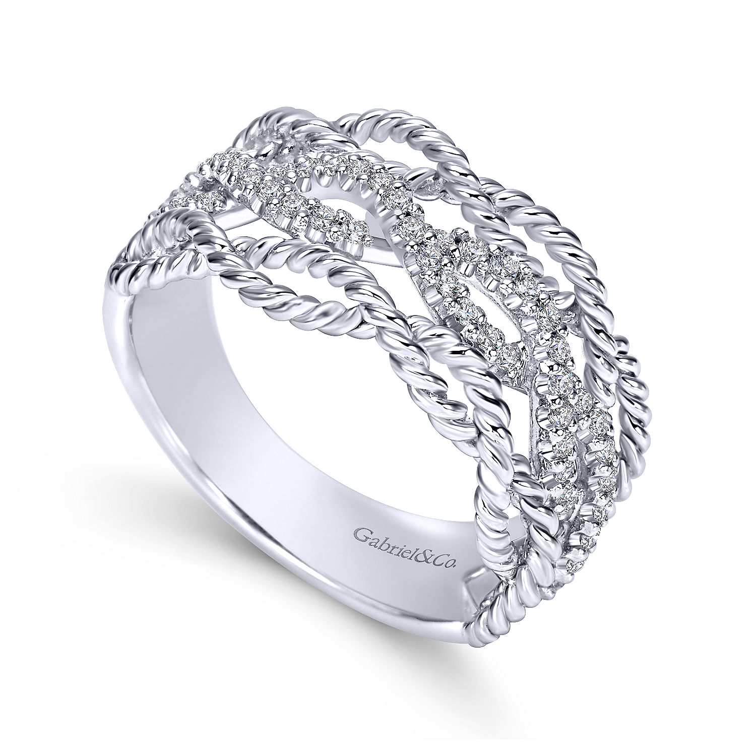 14K White Gold Twisted Rope and Diamond Ring