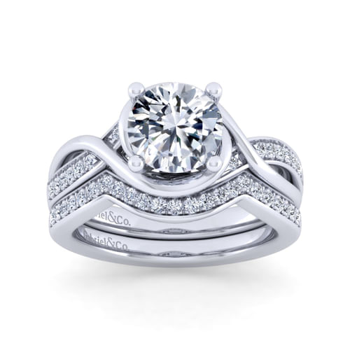 14K White Gold Twisted Round Diamond Engagement Ring