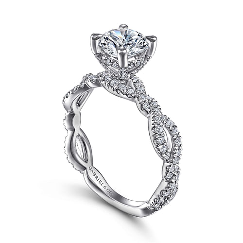 14K White Gold Twisted Round Diamond Engagement Ring