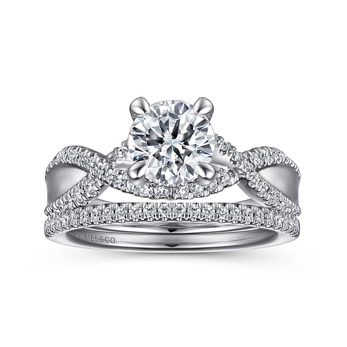14K White Gold Twisted Round Diamond Engagement Ring