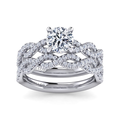 14K White Gold Twisted Round Diamond Engagement Ring