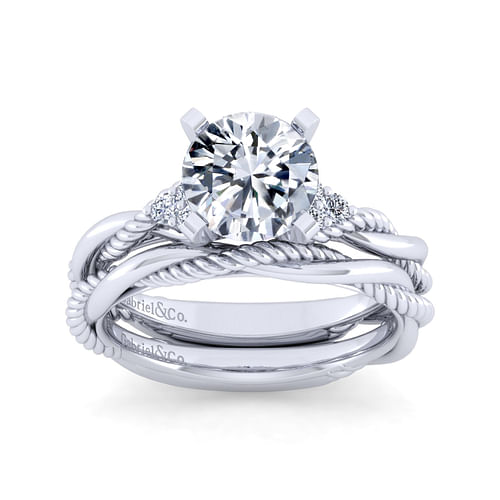 14K White Gold Twisted Round Diamond Engagement Ring