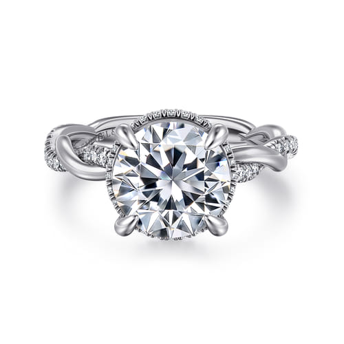 14K White Gold Twisted Round Halo Diamond Engagement Ring