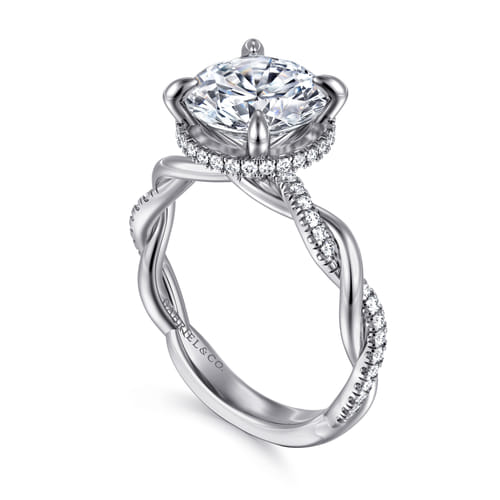 14K White Gold Twisted Round Halo Diamond Engagement Ring