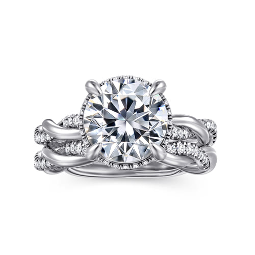 14K White Gold Twisted Round Halo Diamond Engagement Ring