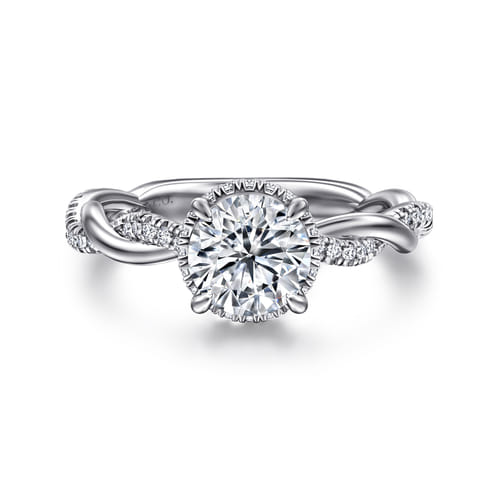 14K White Gold Twisted Round Halo Diamond Engagement Ring