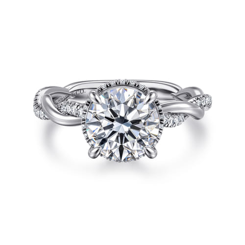 14K White Gold Twisted Round Halo Diamond Engagement Ring