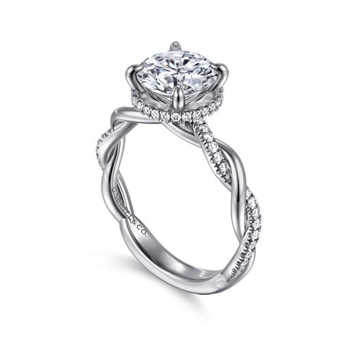 14K White Gold Twisted Round Halo Diamond Engagement Ring