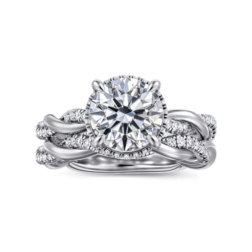 14K White Gold Twisted Round Halo Diamond Engagement Ring