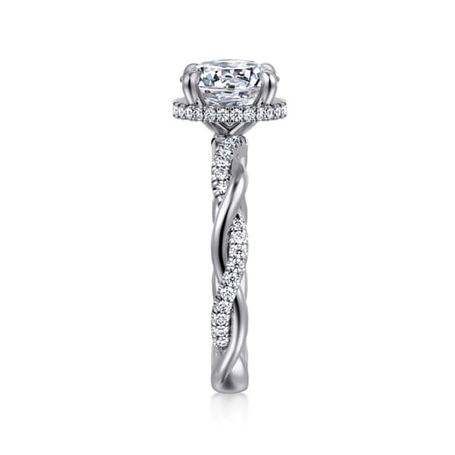 14K White Gold Twisted Round Halo Diamond Engagement Ring