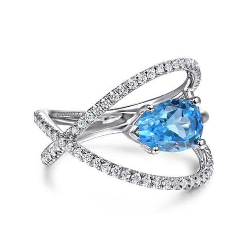 14K White Gold Twisted Split Shank Swiss Blue Topaz Ring