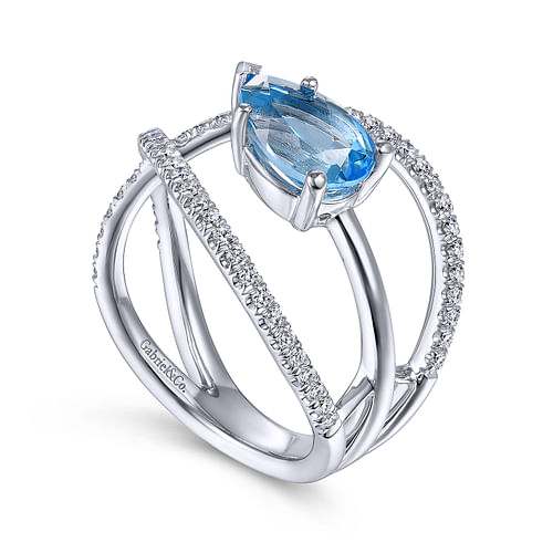 14K White Gold Twisted Split Shank Swiss Blue Topaz Ring