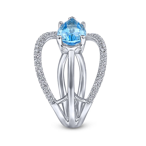 14K White Gold Twisted Split Shank Swiss Blue Topaz Ring