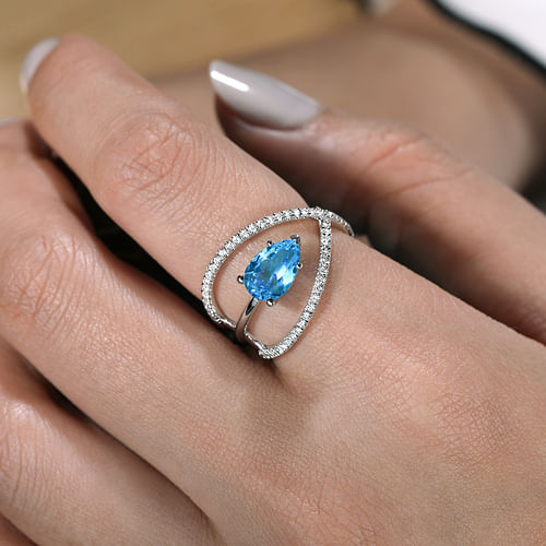 14K White Gold Twisted Split Shank Swiss Blue Topaz Ring