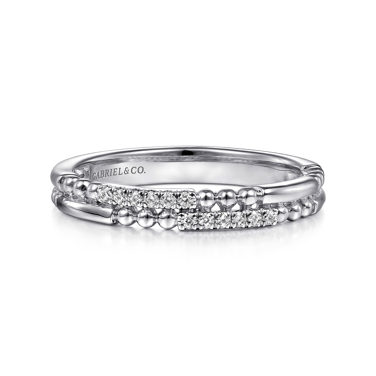 14K White Gold Two Row Beaded Diamond Stackable Ring