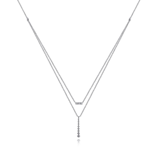 14K White Gold Two Strand Diamond Bar and Bujukan Beaded Pendant Necklace