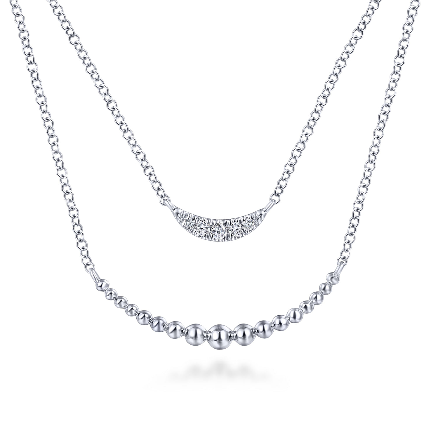 14K White Gold Two Strand Diamond Crescent and Bujukan Beaded Necklace