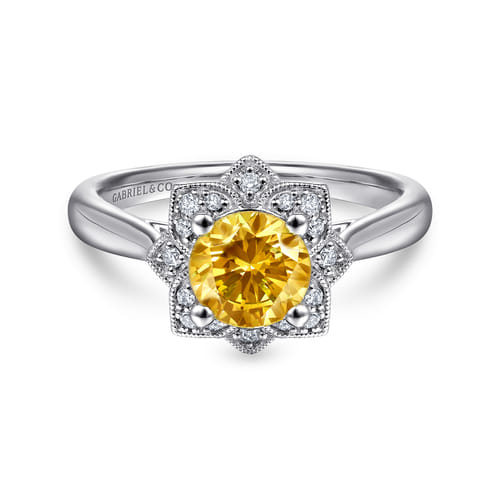 14K White Gold Vintage Halo Citrine and Diamond Promise Ring