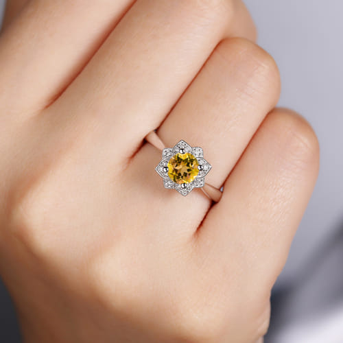 14K White Gold Vintage Halo Citrine and Diamond Promise Ring