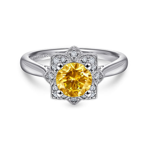 14K White Gold Vintage Halo Citrine and Diamond Ring