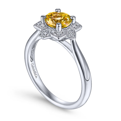 14K White Gold Vintage Halo Citrine and Diamond Ring