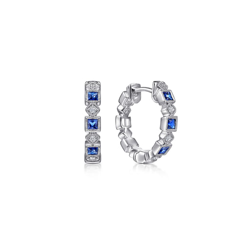 14K White Gold Vintage Inspired 15mm Sapphire and Diamond Huggies